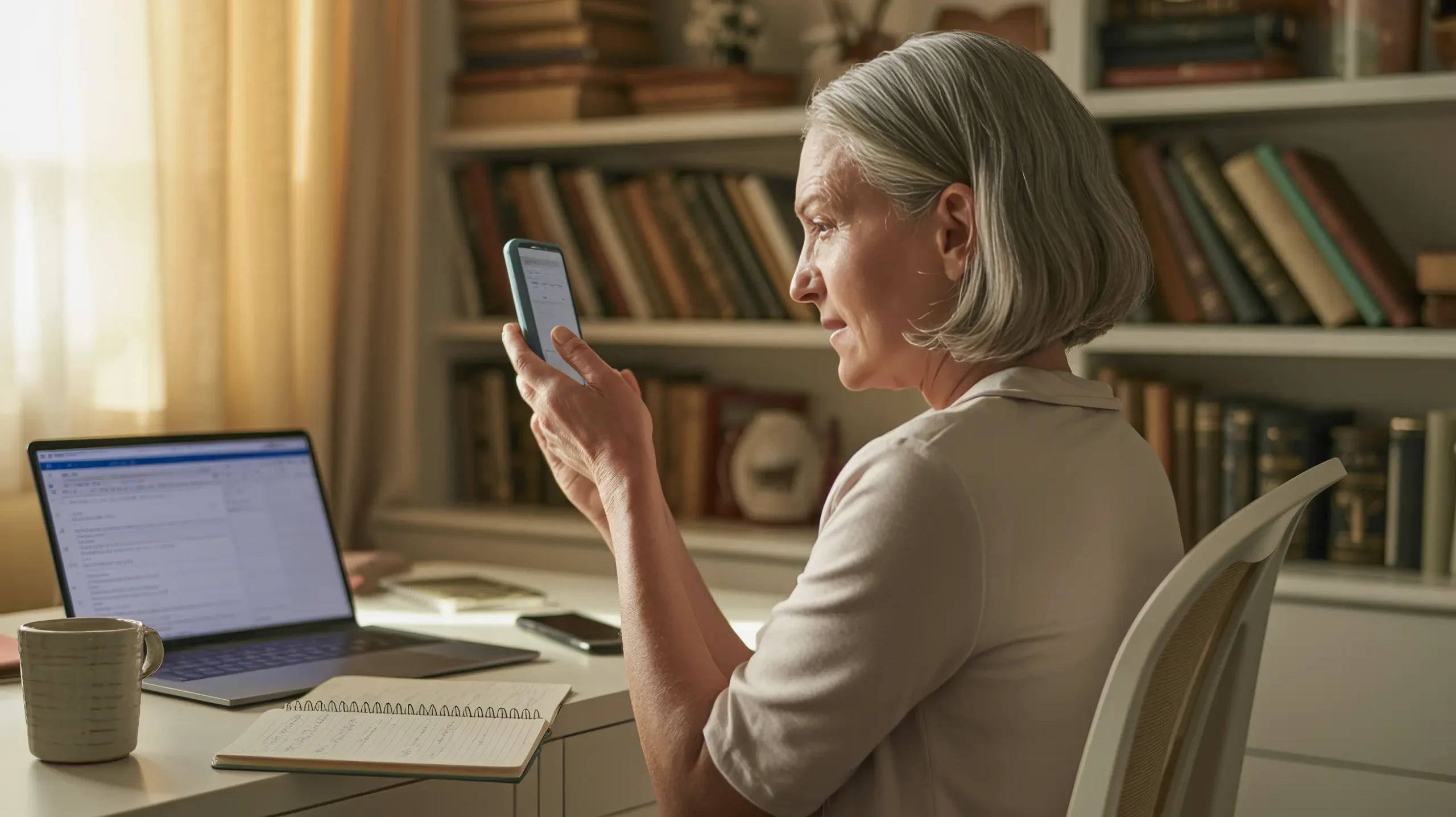 Wondering if you should keep going — a woman pauses at her desk after life interrupted her plans