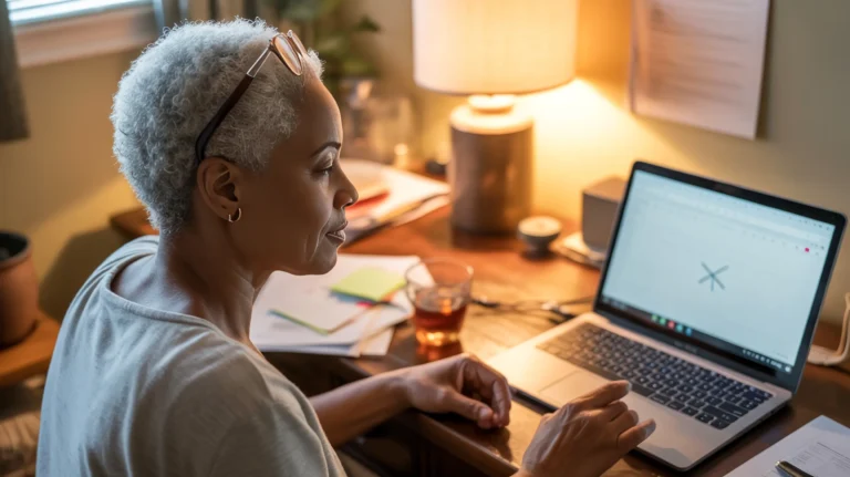 A Black woman in her late 50s pausing at her home desk in the evening, hands above her keyboard, expression caught between hesitation and resolve — the quiet tension of finally deciding to stop waiting to feel ready.