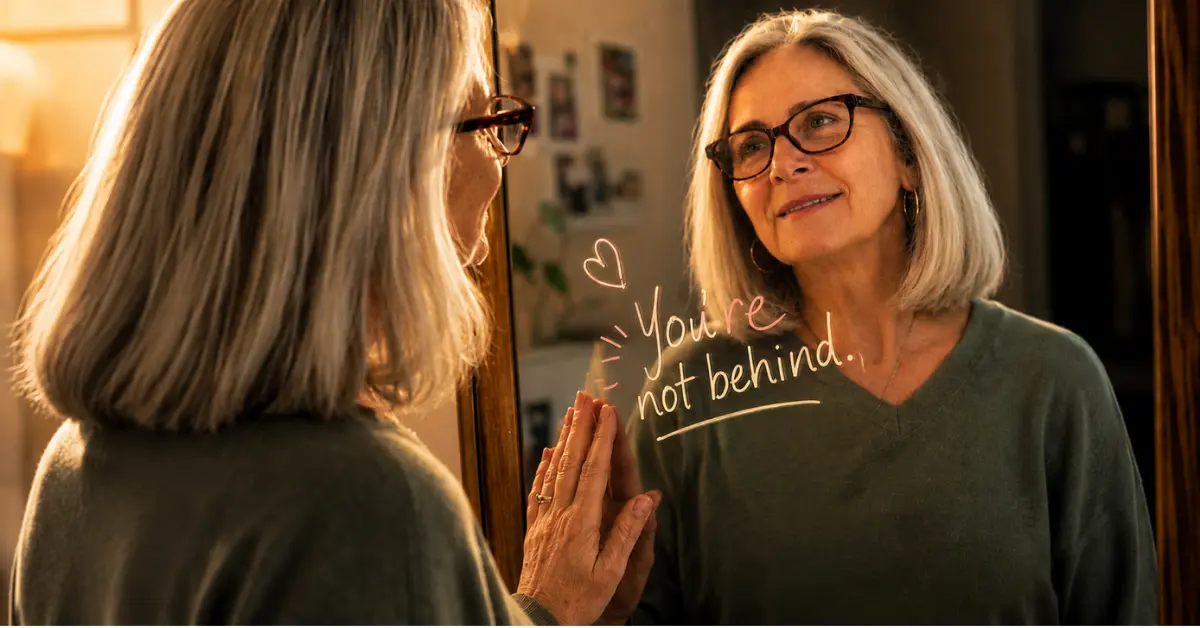 Mary Ellen Kundrat, founder of Tools to Thrive Today, looking at her reflection in a mirror with the words 'You're not behind' written on the glass — representing reinvention and starting over