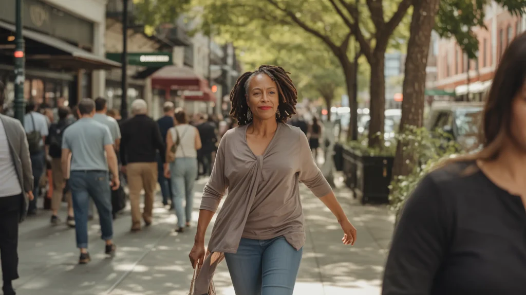 A Black woman in her mid-50s with natural locs walking down a tree-lined city sidewalk, shoulders back, slight smile — moving through the world like someone who has stopped apologizing for how to stop apologizing for everything she needs and wants