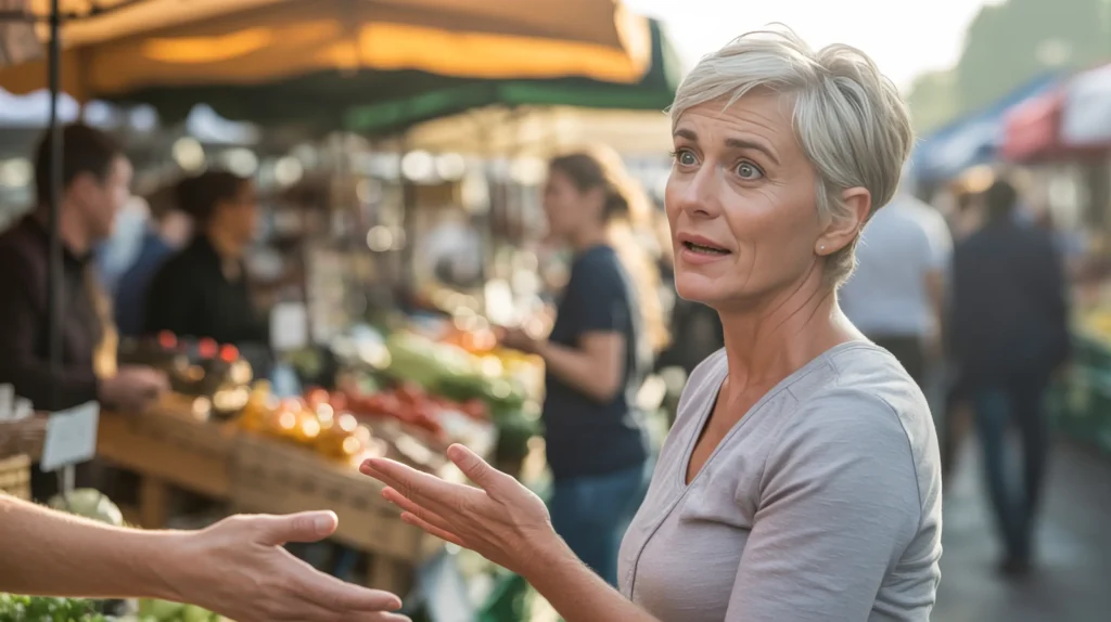 Farmers market:
A woman in her late 50s with short silver hair caught mid-transaction at a farmers market, expression flickering with sudden self-recognition — the moment you realize you just apologized for something that needed no apology at all.