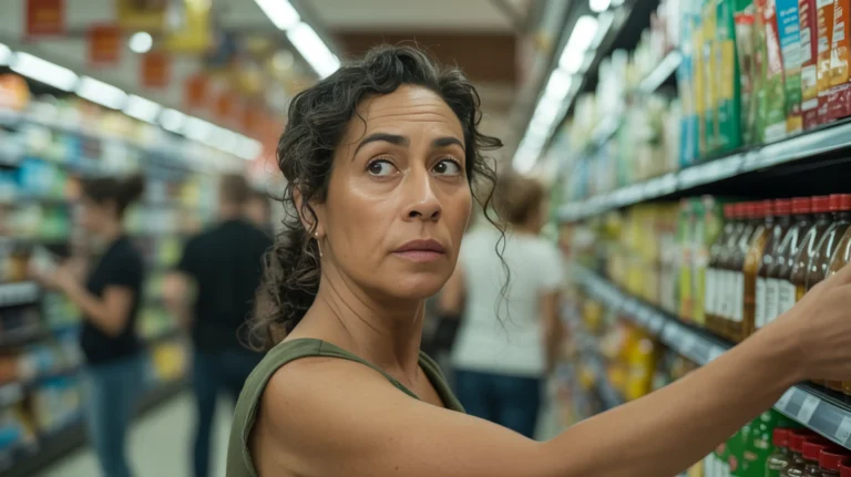 A Latina woman in her early 50s reaching for something on a grocery store shelf with a look of self-recognition — the kind of moment that makes you wonder how to stop apologizing for everything.