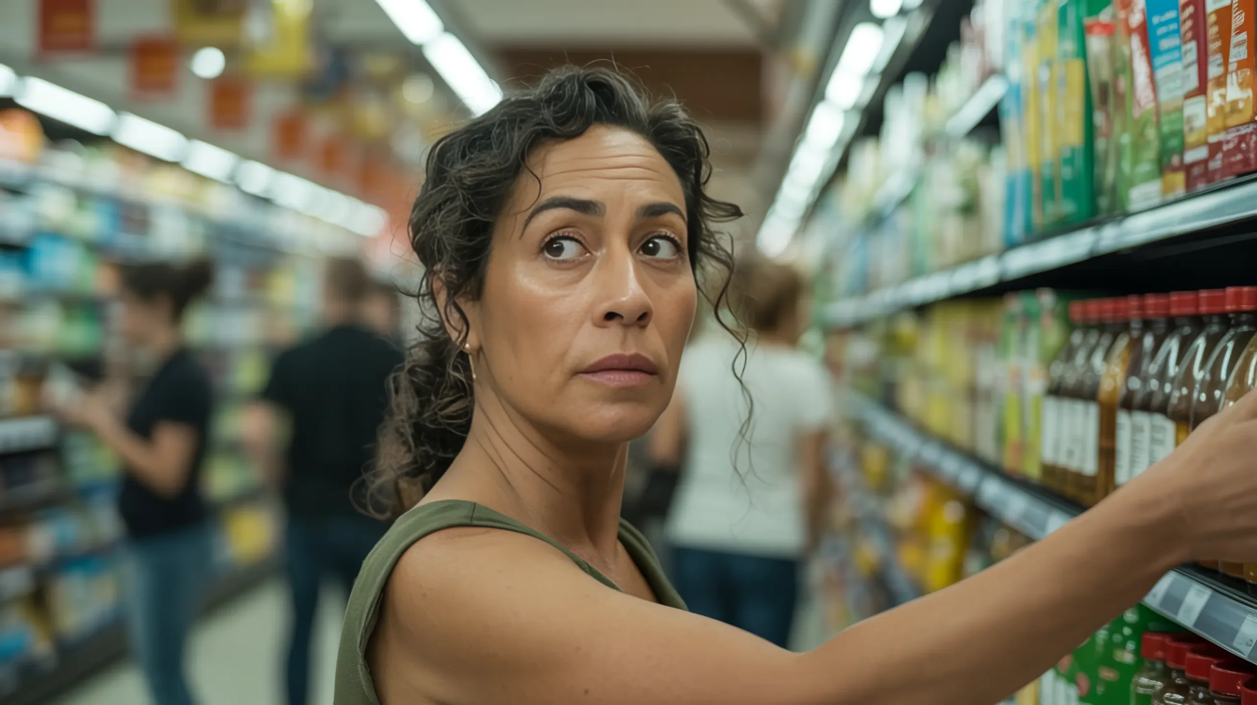 A Latina woman in her early 50s reaching for something on a grocery store shelf with a look of self-recognition — the kind of moment that makes you wonder how to stop apologizing for everything.