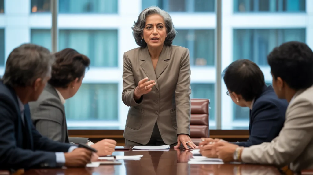 Conference table:
A South Asian woman in her early 60s standing at the head of a table mid-sentence, posture grounded and open — what it looks like when a woman stops apologizing for taking up space and simply speaks.