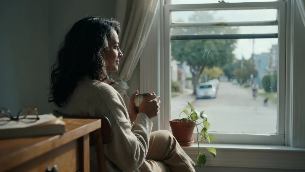 A South Asian woman in her early 50s holds a mug and looks out a window, soft afternoon light warming the scene — the interior space of starting over when building what's next without a blueprint.