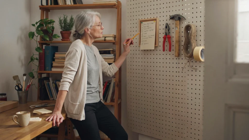 A white woman with silver hair studies a handwritten list pinned to a pegboard wall in her home workspace, reading glasses on, taking stock of what she's building without a blueprint.