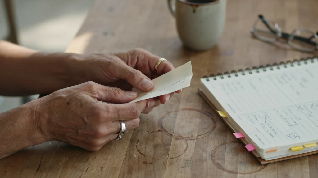 Close-up of a Black woman's hands holding handwritten notes at a planning table surrounded by sticky notes and an open planner — the everyday process of figuring out what comes next during a major life transition.