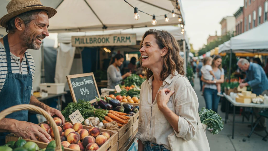 A woman in her late 40s laughs unexpectedly at a farmers market — a reminder that life doesn't wait for you to feel ready before it offers something good