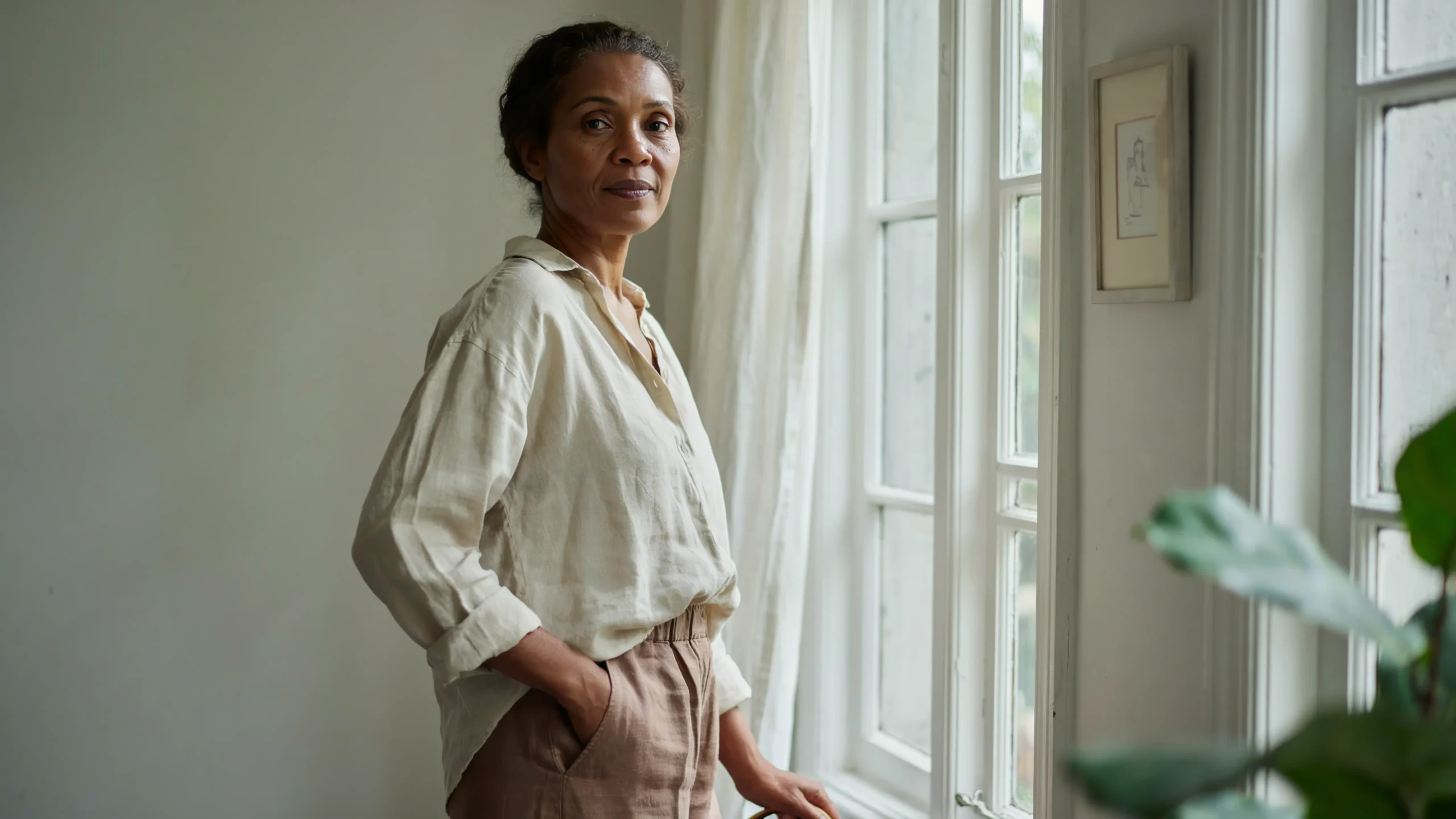 A woman looking directly at the camera with quiet certainty — the feeling of finally giving yourself a permission slip and meaning it.