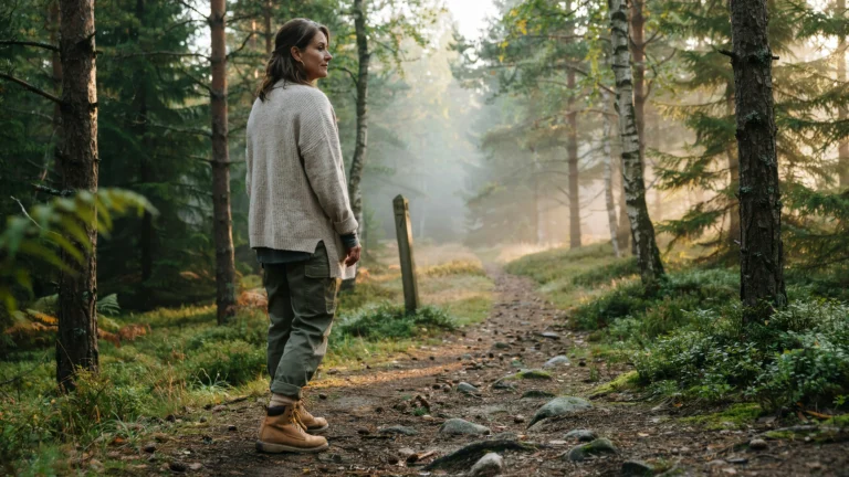 A woman in her late 40s takes her first step onto a trail at golden hour — the moment of deciding to stop waiting and start moving forward