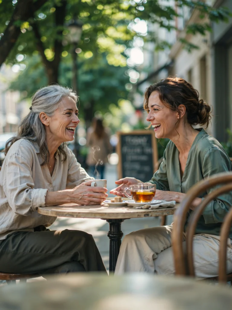 Two women in midlife laughing together over tea outdoors, representing community support during life transitions
