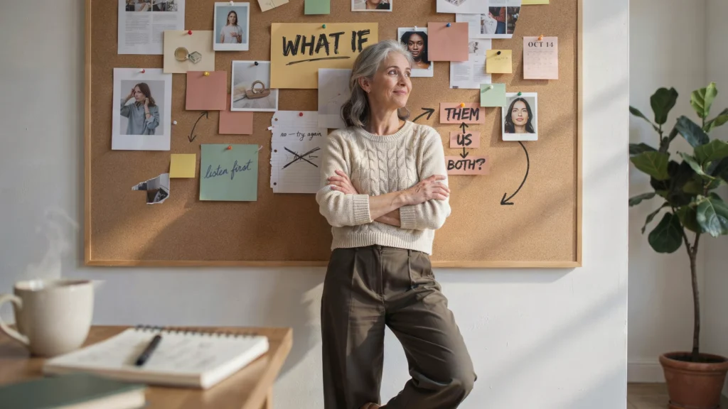 A woman in her 50s surveys her planning wall covered in notes and ideas — because stopping waiting for the right time often starts with one honest, messy wall of what-ifs
