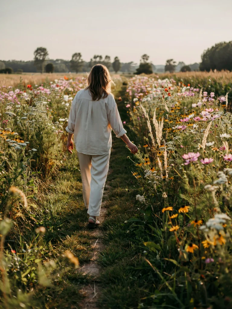Woman walking a winding path through a wildflower meadow, a quiet symbol of starting over at any age and choosing what comes next
