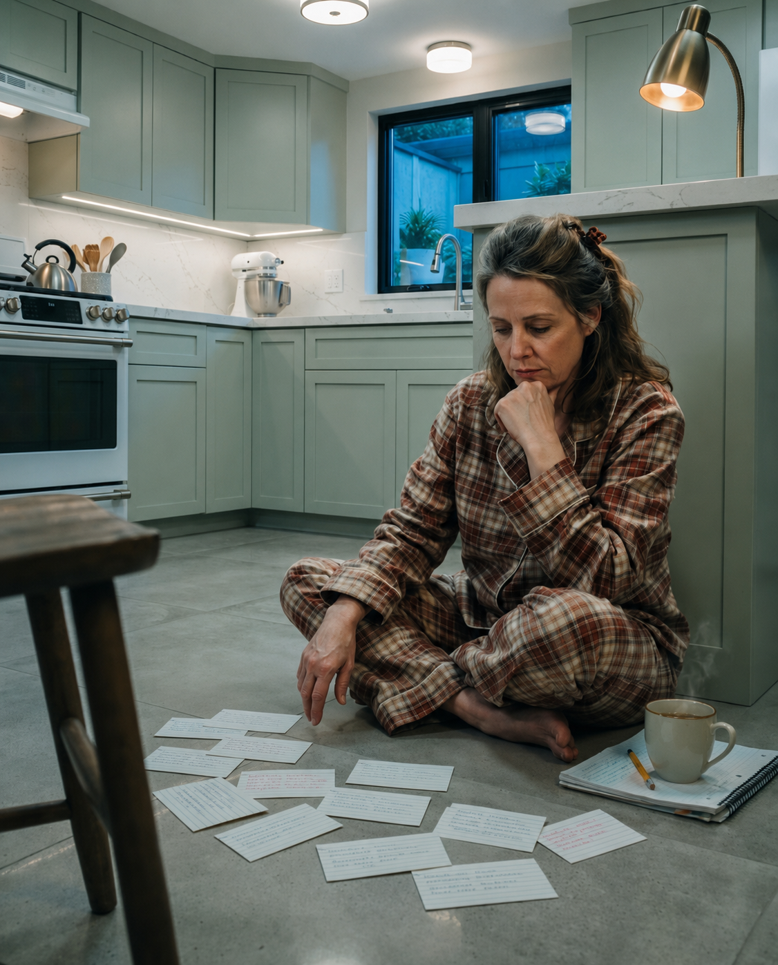 A woman sits cross-legged on her kitchen floor late at night surrounded by handwritten index cards, working through the stages of reinvention on her own terms.