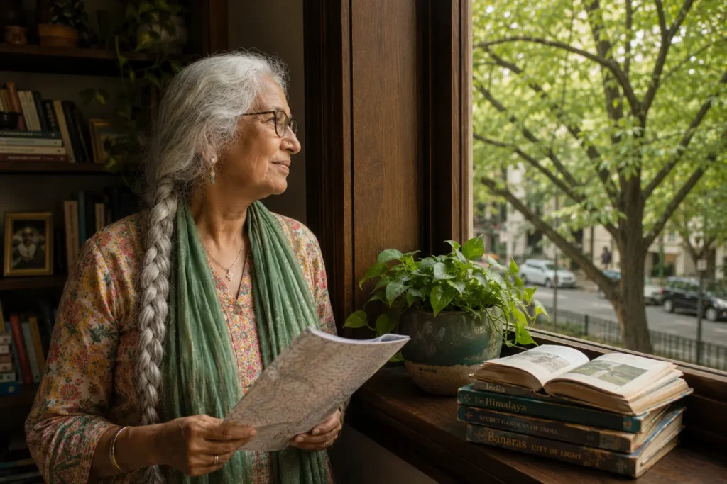 A South Asian woman in her early 70s standing at a window holding her folded Reinvention Roadmap, looking out at the street ahead.