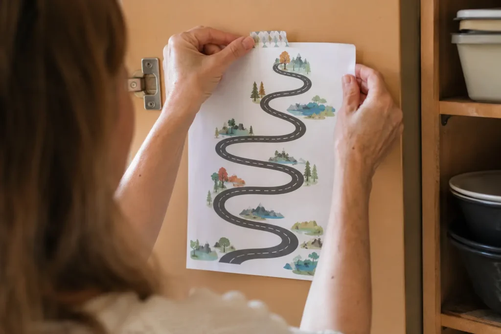 Close-up of a woman's hands taping a page from the Reinvention Roadmap inside a kitchen cabinet, keeping her next step somewhere she'll see it daily.
