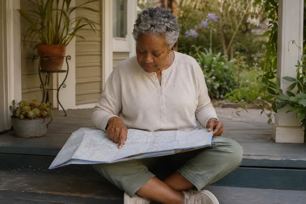 A Black woman in her mid-60s reading through her Reinvention Roadmap on a porch step, tracing a line of text with one finger.
