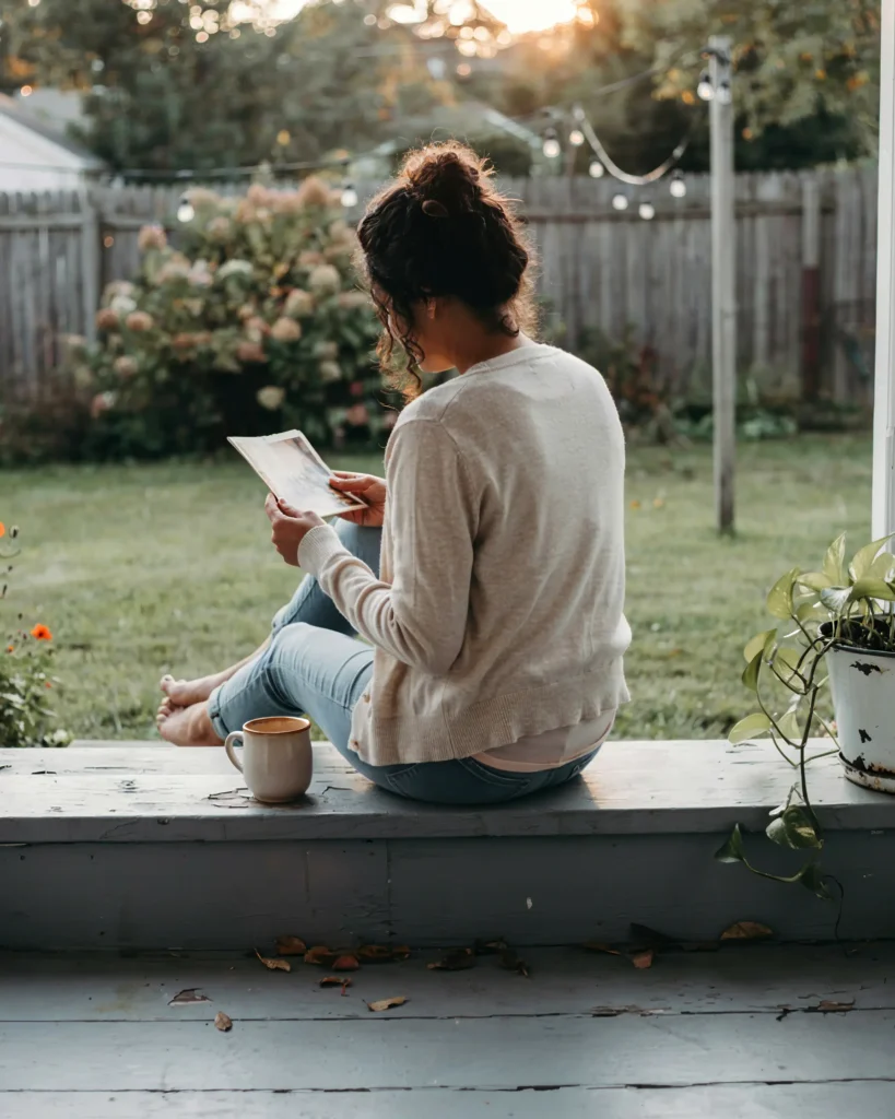 A Latina woman in her early 40s sitting on a porch step holding an old photograph, sitting with the grief that comes even when starting over was her choice.