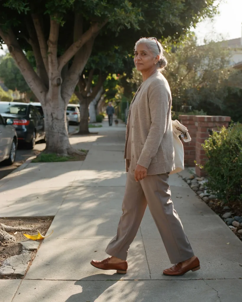  A South Asian woman in her late 60s walking a tree-lined sidewalk at golden hour, an image of what it looks like to keep walking after starting over.

