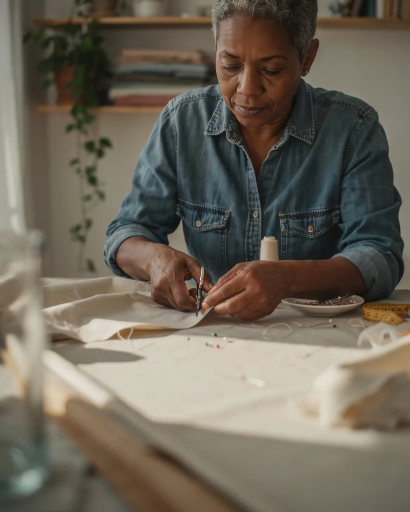 A Black woman in her early 60s carefully cutting fabric at a worktable, hands steady with the quiet work of building something new after loss.