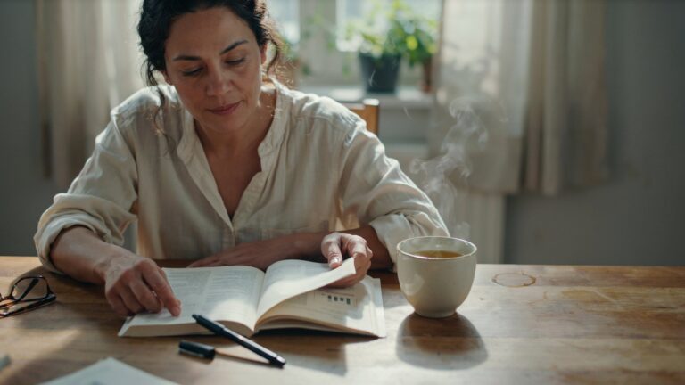 A Latina woman in her early 50s resting her hands on an open printed guide at a sunlit table, pausing over her Reinvention Roadmap before the day begins.