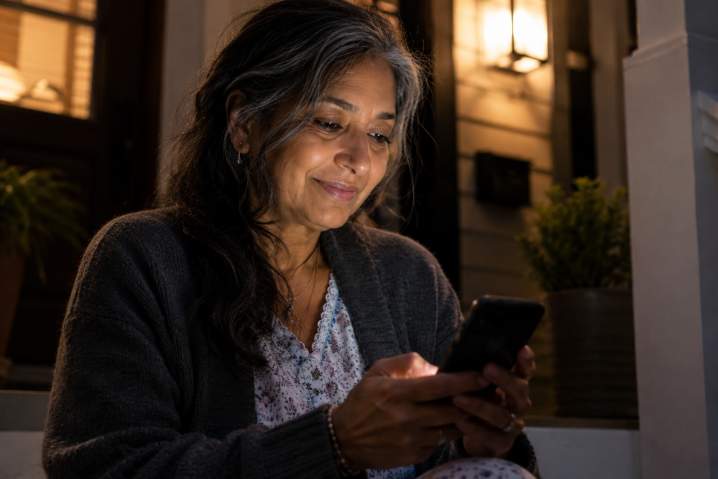 A woman sits on her porch step at night, texting a friend by phone light — the steady, hand-reaching-back stage of reinvention.