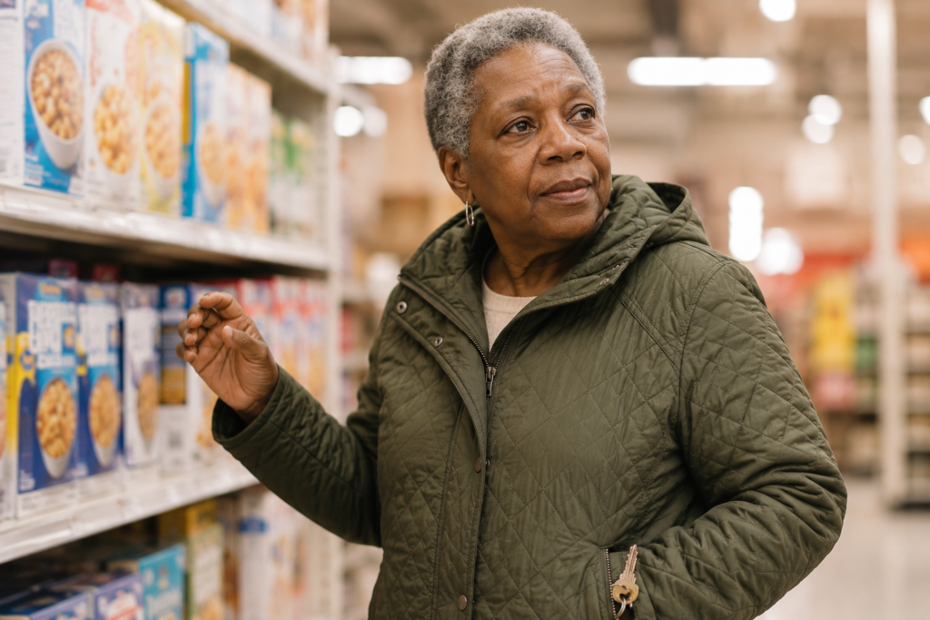 A woman pauses mid-aisle in a grocery store, keys still clenched in her coat pocket — the disorientation of the earliest stage of reinvention.
