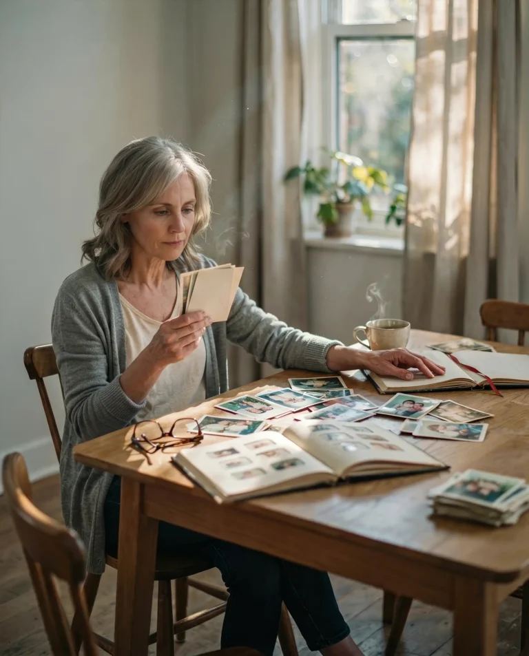 A white woman in her mid-50s sorting old photographs at her dining table, holding onto a piece of who she used to be, the pull of the past that makes starting over feels like betrayal even on an ordinary afternoon.
