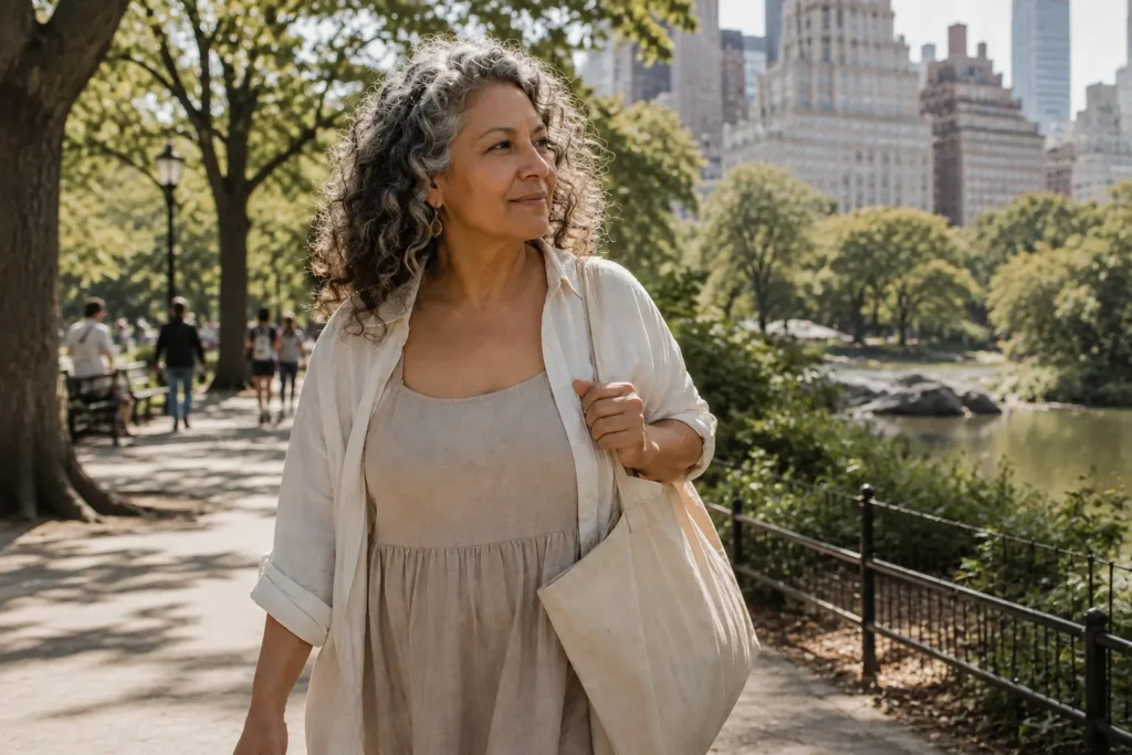 A Latina woman in her late 50s walking calmly through a city park a quiet image of choosing presence over pattern.