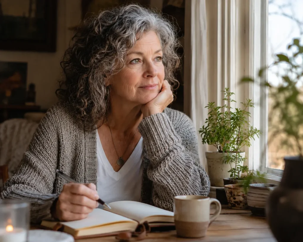A woman in her late 60s pausing by a window with tea and a journal, reflecting on what her decades of experience could offer as she considers starting a business after 50.