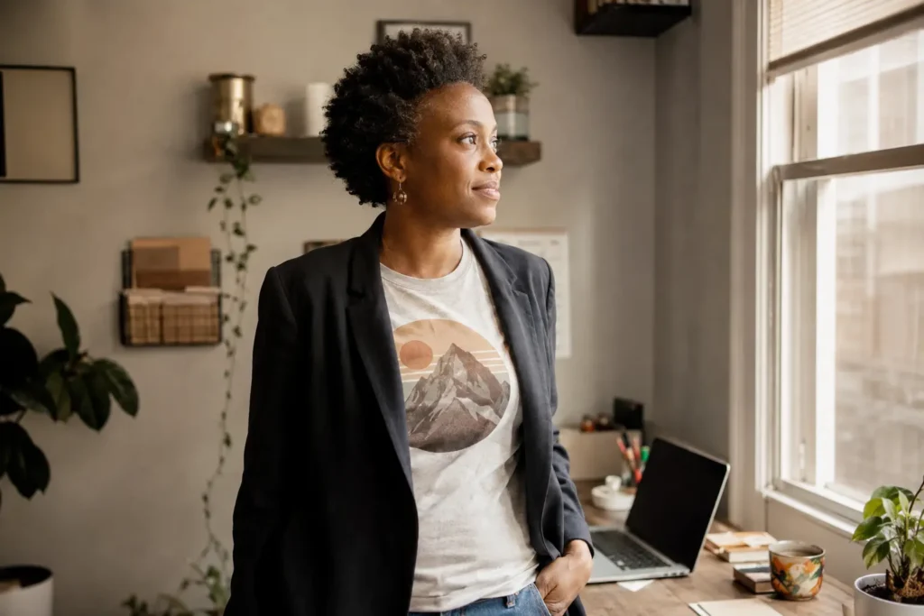 A woman in her mid-40s pausing at her home office window, carrying the quiet hope of a woman who decided it wasn't too late to start a business after 50.
