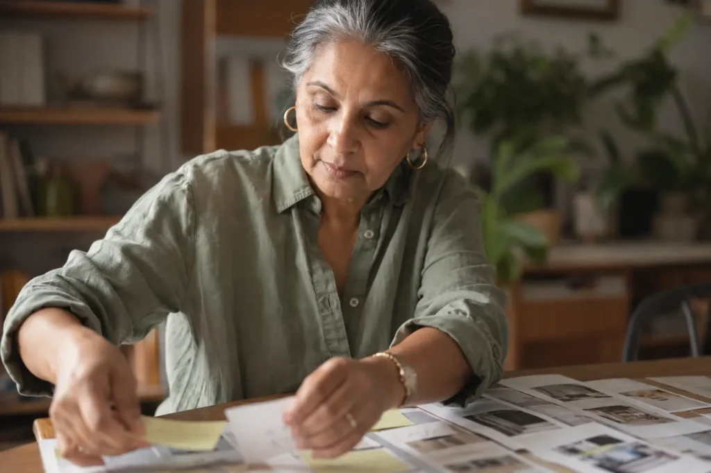 Close-up of a South Asian woman in her early 60s arranging notes and ideas on a table, sketching out the first small step of starting a business after 50.