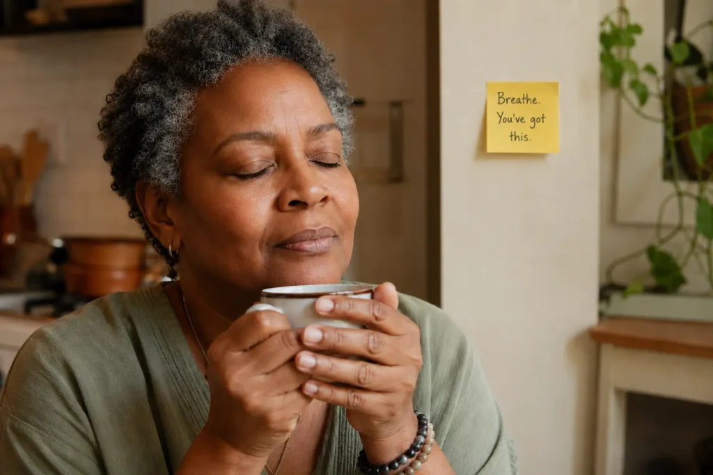 A Black woman in her early 60s pausing quietly with a mug of tea, taking a breath before naming which pattern has been running her own way.