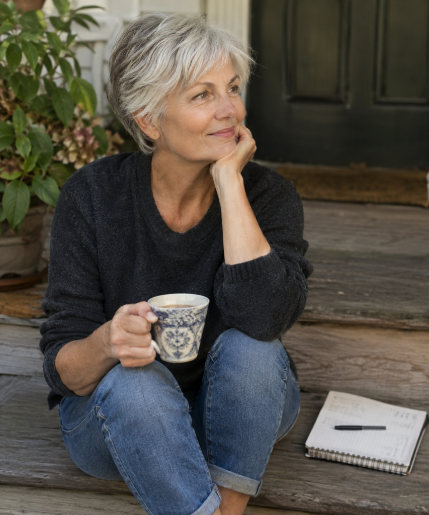 A silver-haired woman in her early 60s sitting quietly on a porch step with tea beside an unfinished to-do list, a small act of letting something stay undone.