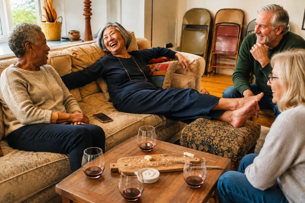 A woman in her early 70s sprawled comfortably across her couch the morning after hosting, phone resting beside her after sending a no — a small, physical picture of disappointing people gracefully instead of shrinking to make room for them.