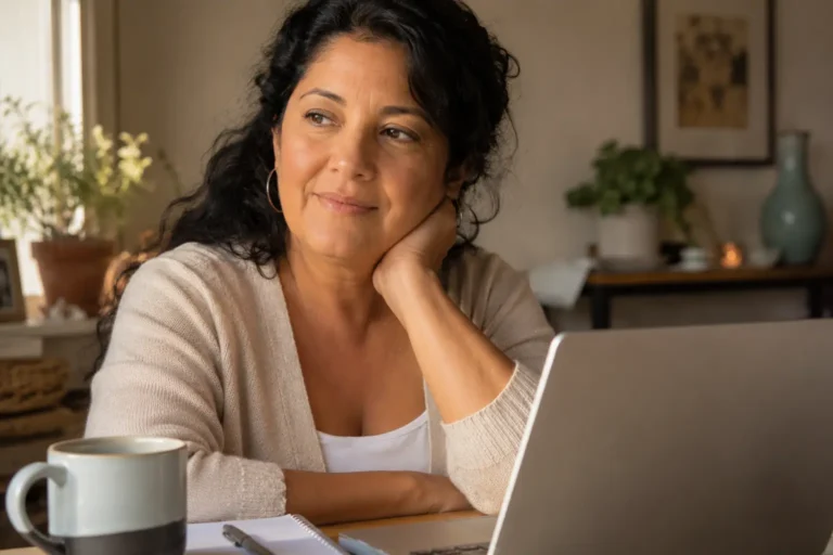A Latina woman in her early 50s pausing at her laptop over an unfinished document, caught mid-hesitation — the moment of noticing which pattern is keeping her stuck.