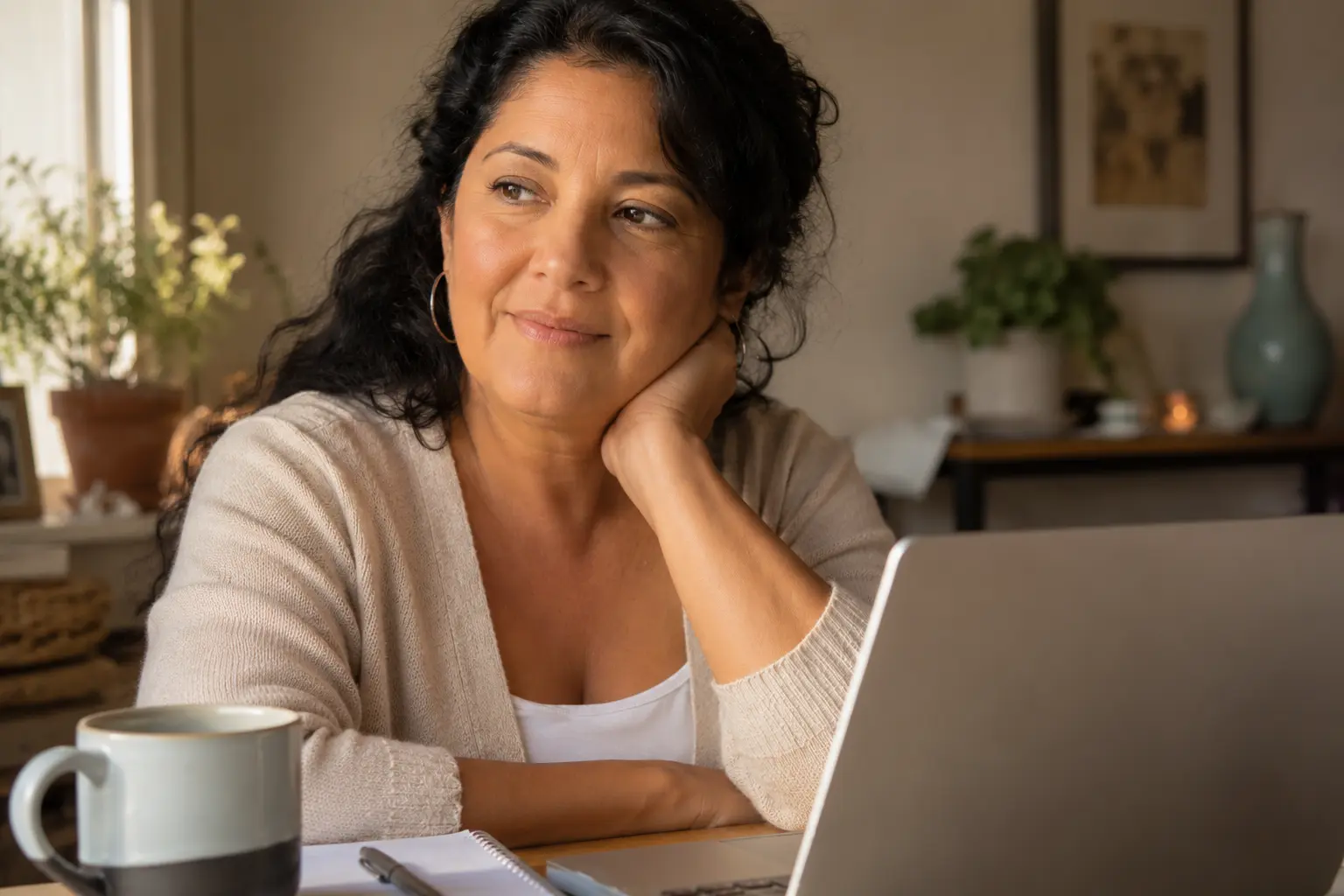 A Latina woman in her early 50s pausing at her laptop over an unfinished document, caught mid-hesitation — the moment of noticing which pattern is keeping her stuck.