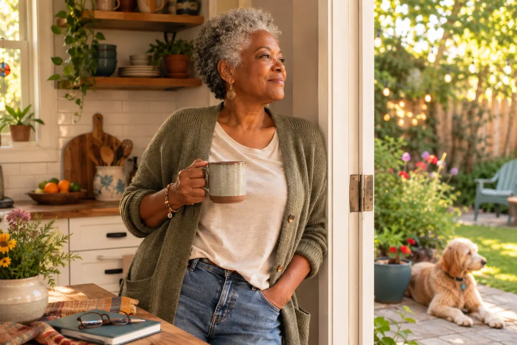 A Black woman in her mid-60s standing calmly in a kitchen doorway instead of reaching for the next task — the moment of stepping back once she recognized her stuck pattern.