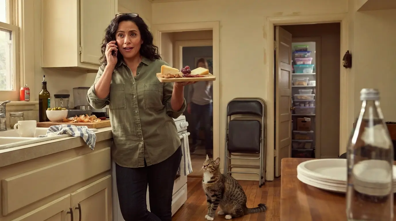 A Latina woman in her early 50s on the phone while prepping a cheese board in her kitchen, caught mid-decision in the moment many women recognize when getting in your own way starts with an automatic yes.