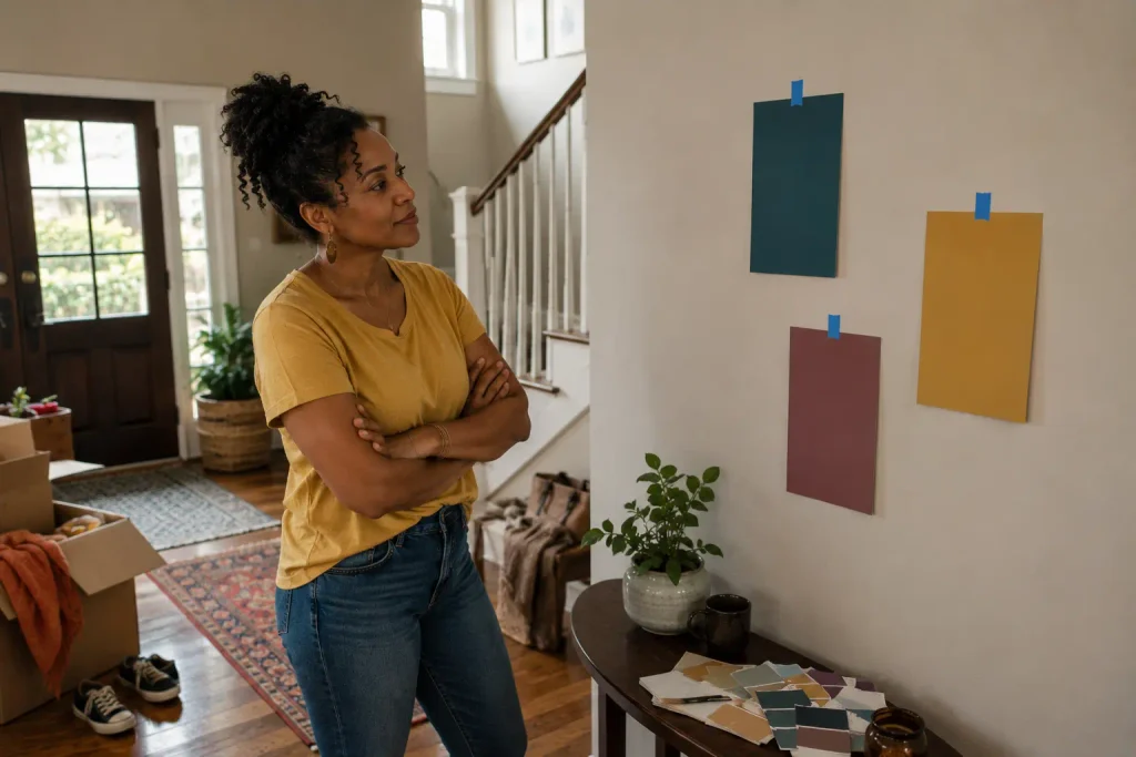 A woman standing in an unpainted foyer in front of three completely different paint swatches, illustrating the Waiter pattern of holding off until the choice feels certain.