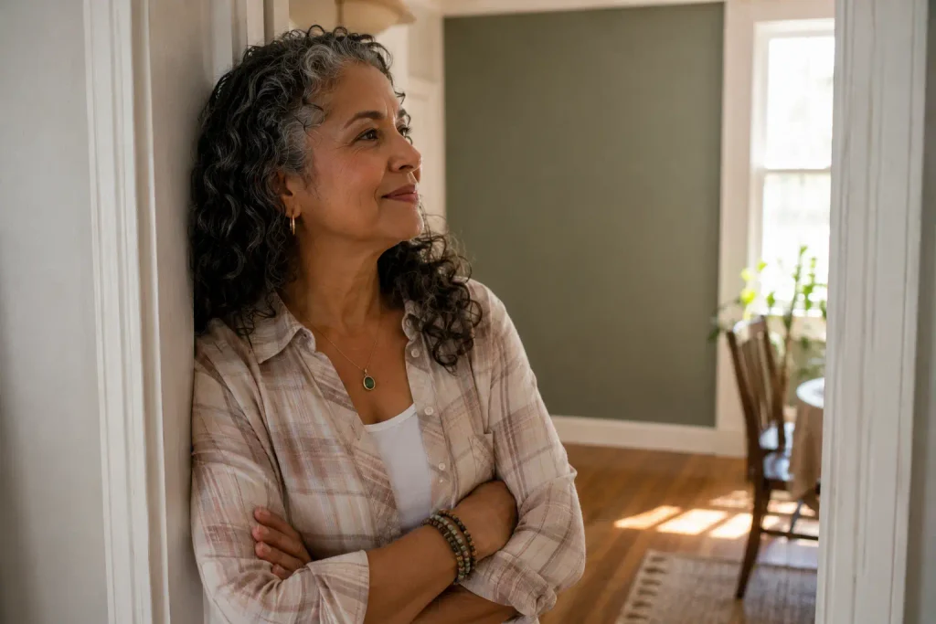 A woman looking at a finished, imperfect wall with calm satisfaction, a small image of choosing done over perfect.