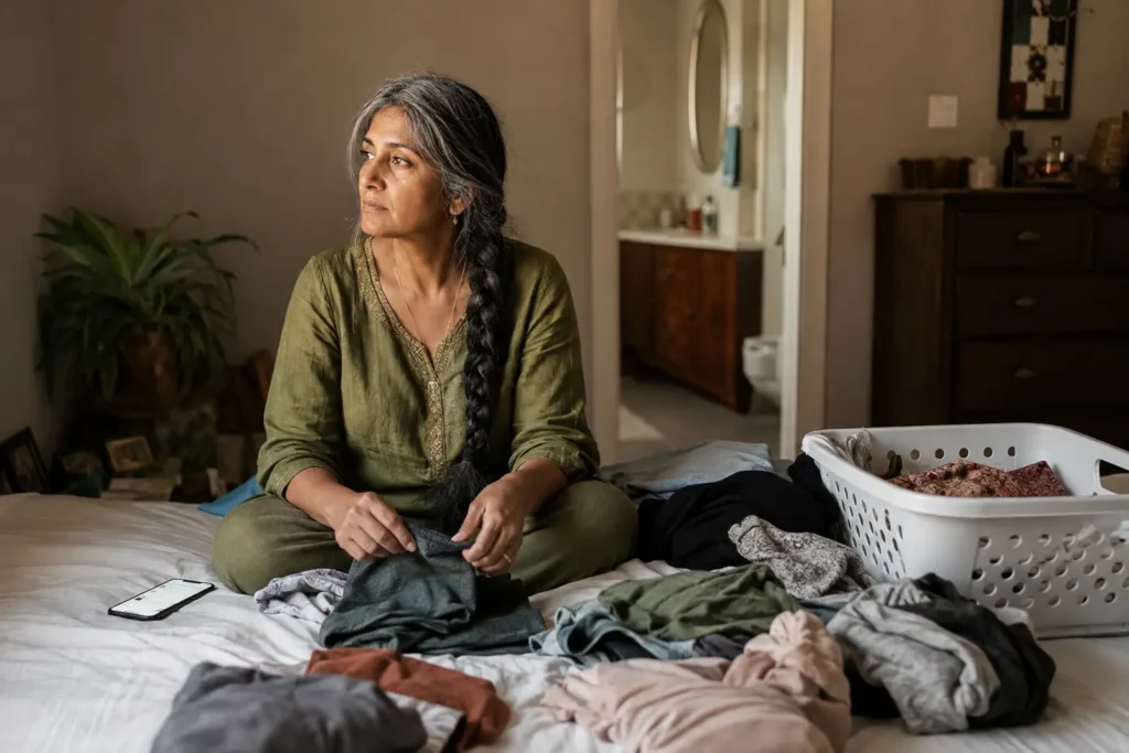 A South Asian woman in her early 50s pausing over laundry with an unanswered message nearby, reflecting on the patterns that quietly run her decisions.