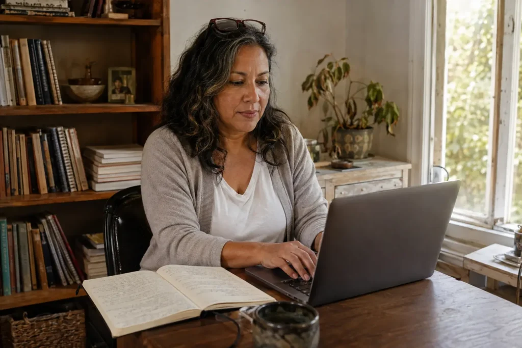 A Latina woman in her mid-50s working at a sunlit desk with a laptop and notebook, one of many women starting a business after 50 by turning a kitchen-table idea into something real.