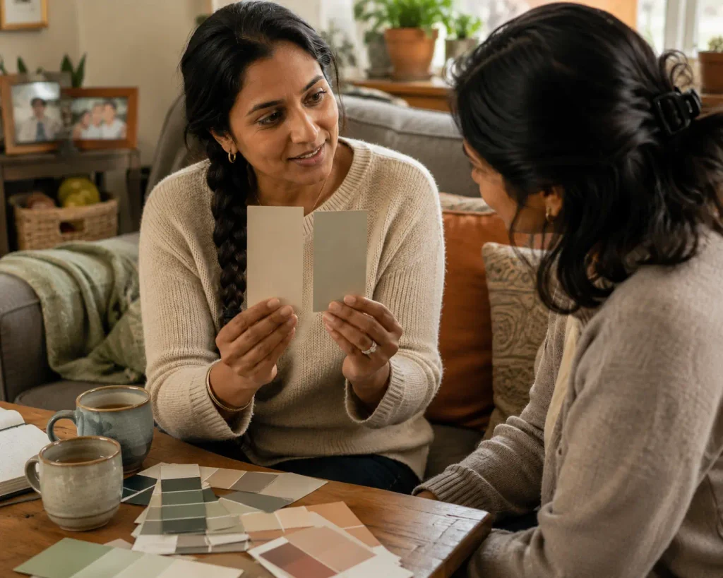 A South Asian woman asking a friend to help choose between two nearly identical paint colors, a small example of the Doubter pattern hiding behind perfectionism and self-doubt.