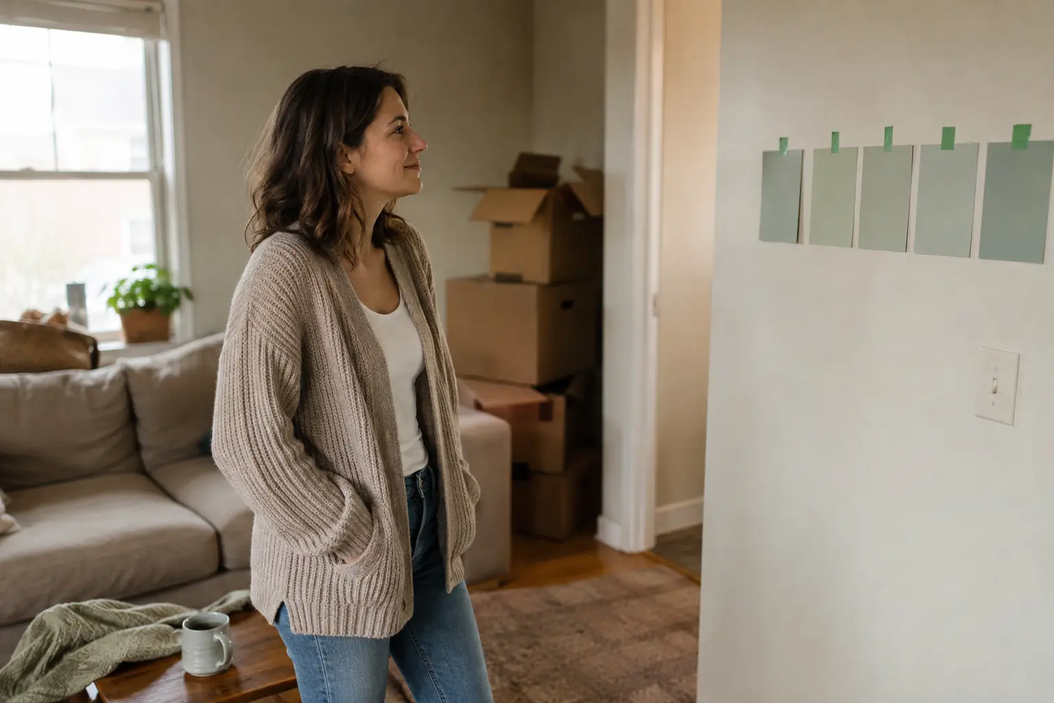 A woman in her early 30s standing before five nearly identical paint swatches in her living room, a small, relatable picture of why perfectionism isn’t your superpower.