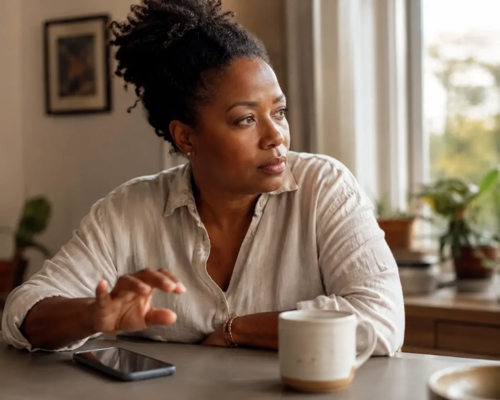 A Black woman in her mid-40s pausing before responding to a text, illustrating the deliberate ten-second pause that helps interrupt the habit of getting in your own way.