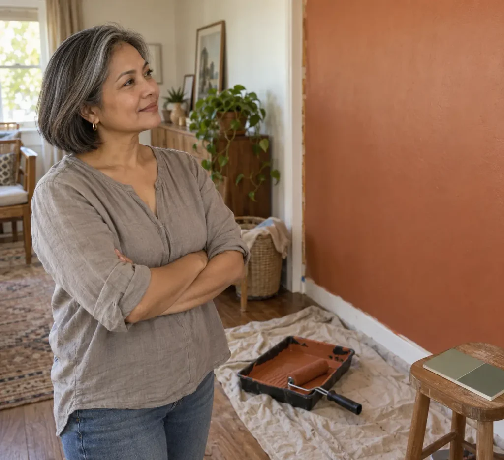 A woman stands back from a freshly painted wall without reaching for a second color swatch, the Doubter's counter-move of making a decision and leaving it alone.