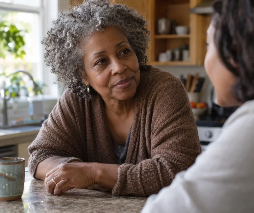 A woman leans in to listen rather than fix, a small practical move for anyone learning how to break a stuck pattern rooted in rescuing.