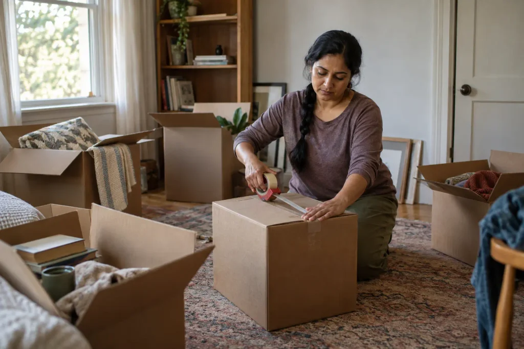 A woman tapes shut one moving box instead of waiting to feel fully ready, the Waiter's counter-move of taking the smallest honest step.