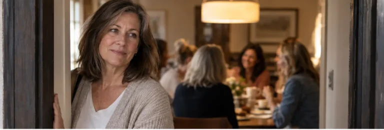 Woman pauses at the entrance to a gathering of longtime female friends, reflecting on how friendships change through life transitions.
